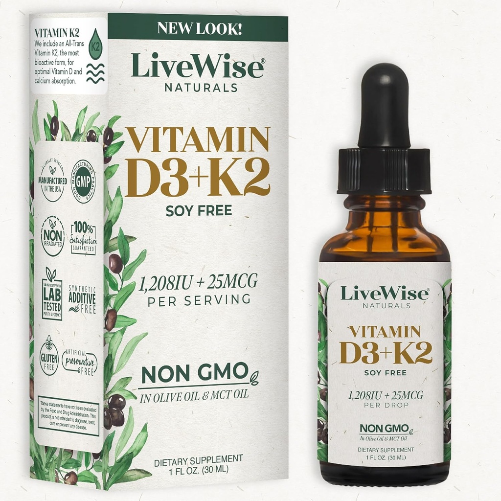 Vitamina D3 con gotas líquidas K2, Todas Naturales, No GMO, 1208iu D3 y 25mcg K2 (mk7) por Servir, Apoyar Sus Huesos, Sistema Inmunitario y Niveles de Energía, con o sin aceite de menta
