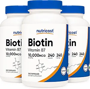Nutricost Biotin (Vitamin B7) 10,000mcg, 240 Caps (3 Botellas) - Non-GMO, Gluten Free