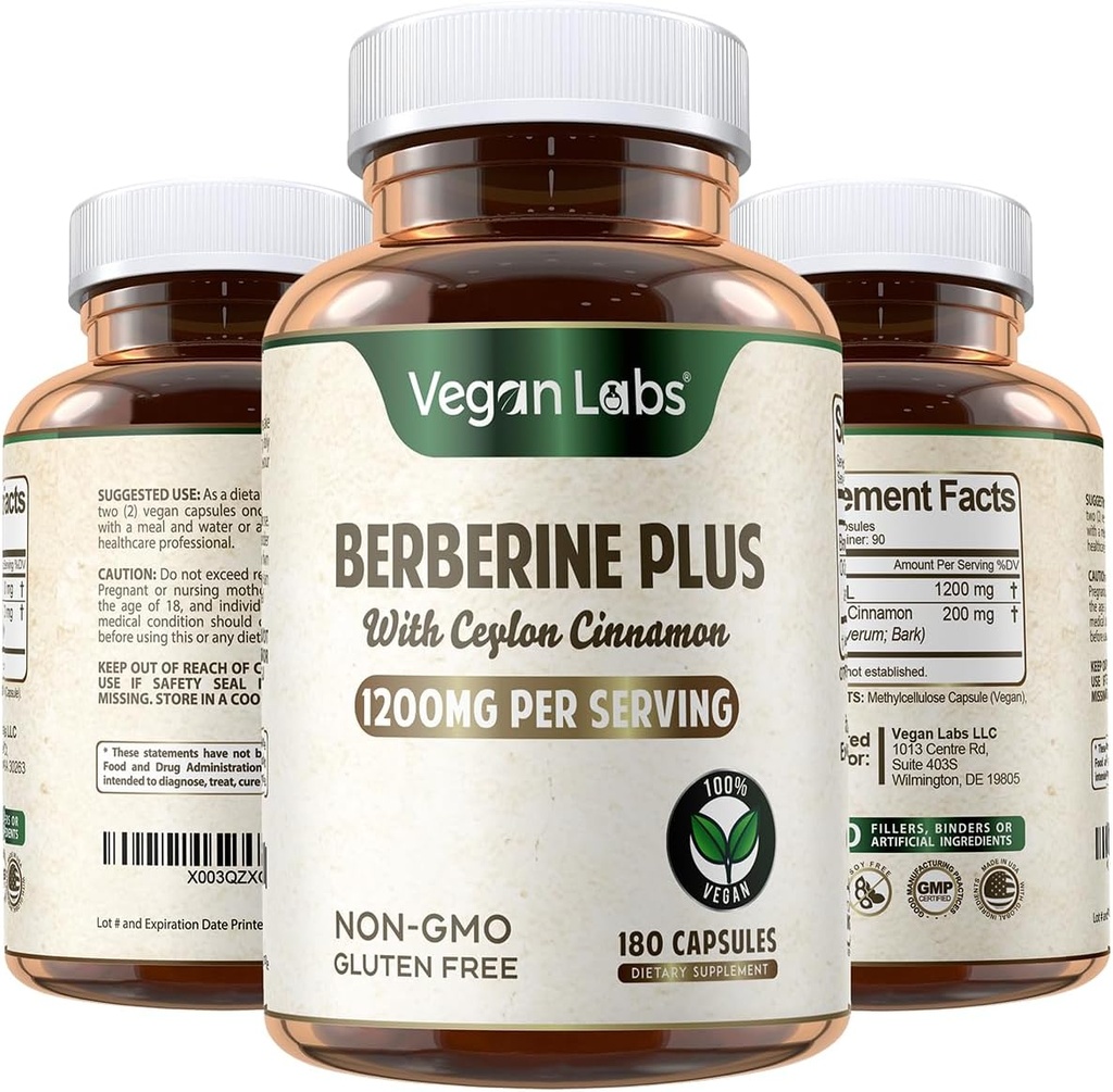 Laboratorios Veganos Berberine HCL 1200MG con Ceillón Orgánico Cinnamon- 180 Capsules Vegan- Apoya Sistema Global de Salud e Inmune