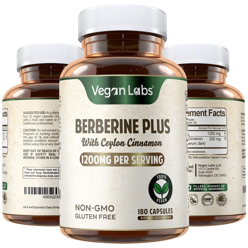 Vegan Labs Berberine HCL 1200MG with Organic Ceylon Cinnamon- 180 Vegan Capsules- Supports Overall Health and Immune System