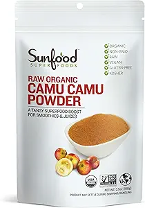 Sunfood Superfoods Raw Orgánica Camu Powder - Camu Camu Powder Orgánico, Camu Camu Berry Vitamina C Polvo para Jugo y Smoothies, USDA Organic, Non GMO - 3.5 oz Bag