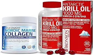 Bronson Marine Collagen Peptides Hidrolyzed Protein Powder + Antártico Krill Oil 1000 mg con Omega-3 EPA DHA