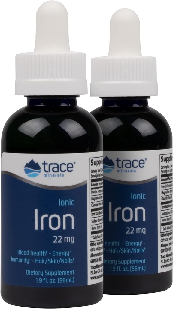 Trace Minerals Ionic Iron, 22mg - Suplemento de Apoyo Energético con Magnesium & Iron - Ayuda Brain Health & Immune System Function - Gluten-Free Liquid Supplement - 1.9 fl oz (2 Pack) (92 Servings)