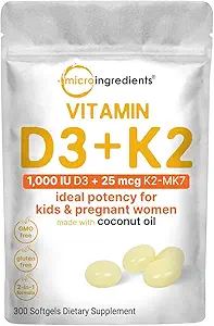 Micro Ingredients Vitamin D3 1,000 IU + K2 MK-7 25 mcg, 300 Softgels | Virgin Coconut Oil | 2-in-1 Bone, Immune & Heart Support | Easy to Swallow, Non-GMO