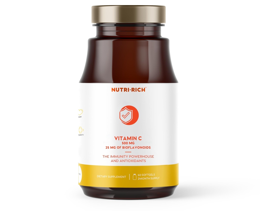 Vitamin C Supplement 500mg with 25mg Bioflavonoids, Ascorbic Acid–Immune, Antioxidant Support – No Soy, Gluten-Free, No Additives, Bioavailable Ingredients, Third-Party Tested (90 Softgels)