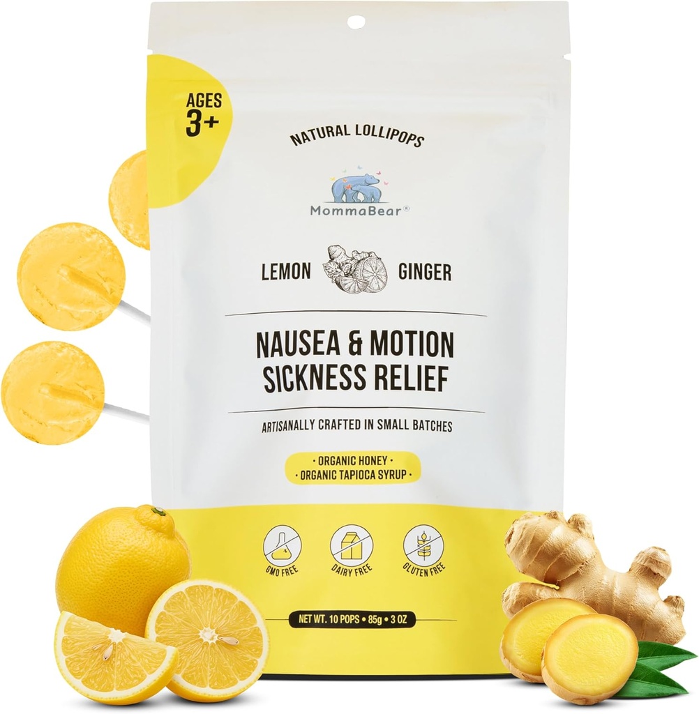 MommaBear Nausea & Motion Sickness Lollipops – Non-GMO Lemon & Ginger Candy for Nausea – Organic Lollipops for Kids 3+ & Pregnant Women to Alleviate Queasiness – Tightly Sealed for Freshness (10 Pack)