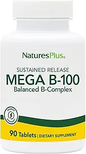 Natures Plus Mega B-100 Complejo - 90 Tablas Vegetarianas de Liberación Sostenida - Energía &amp; Cerebro Booster - Gluten Gratis - 90 Servimientos