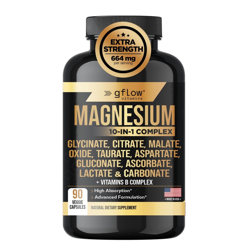 gflow vitamins Magnesium Complex Supplement - 10 Active Forms, Glycinate, Citrate, Malate, Oxide, Taurate, Aspartate, Gluconate, Ascorbate, Lactate, Carbonate, Plus More with Vitamin C B1 B2 B6 B12