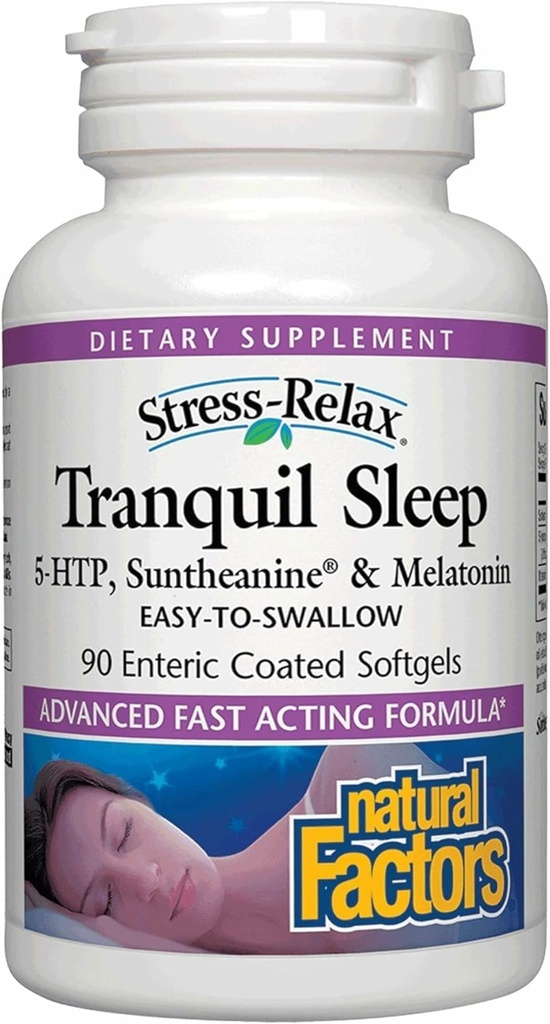 Stress-Relax Tranquil Dormir por Factores Naturales, Ayuda de sueño con Suntheanine L-Theanine, 5-HTP, Melatonina, 90 Softgels