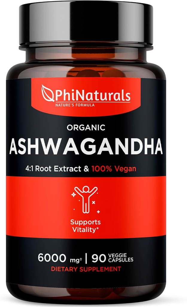 PhiNaturals Orgánica Ashwagandha Root Extract in Vegan Capsules Equal to 6000 Mg Root - Ashwaganda Supplement for Hombres and Women with 1500 Mg Por Serving 30 Servings - 500mg Por Vegan Capsule 90 Conde
