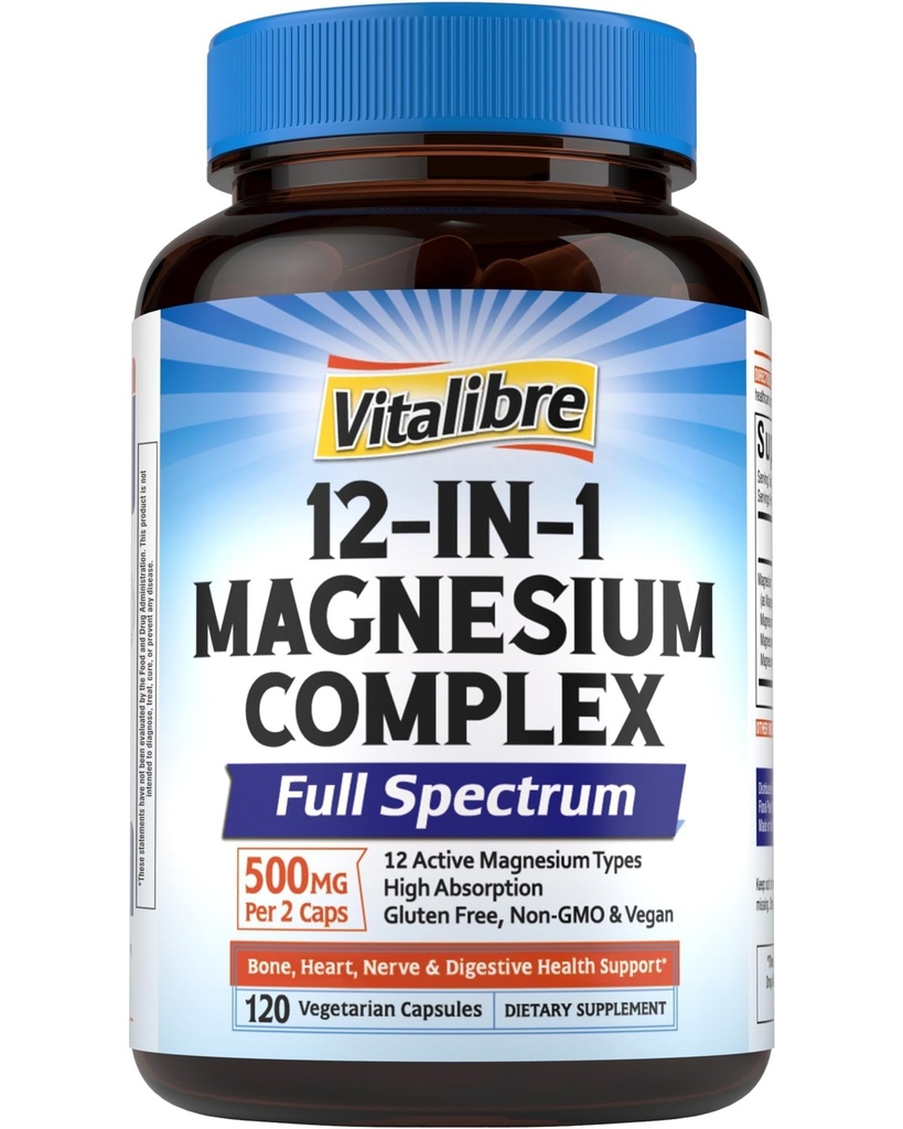 Vitalibre 12 in 1 Magnesium Complex Supplement 500mg | Max Absorption Chelated Magnesium Glycinate Citrate Malate & More for Bone, Nerve & Digestive Support | Non-GMO Vegan Capsules (120 Count)
