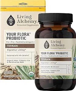 Tu Terraína Probiótica Flora – Probióticos no transgénicos con soya fermentada, Aloe Vera, " Elm resbaladizo para la digestión del equilibrio de Gut – Prebióticos, Postbióticos, Enzimas Digestivos – Alquimia viva, 60 Pcs