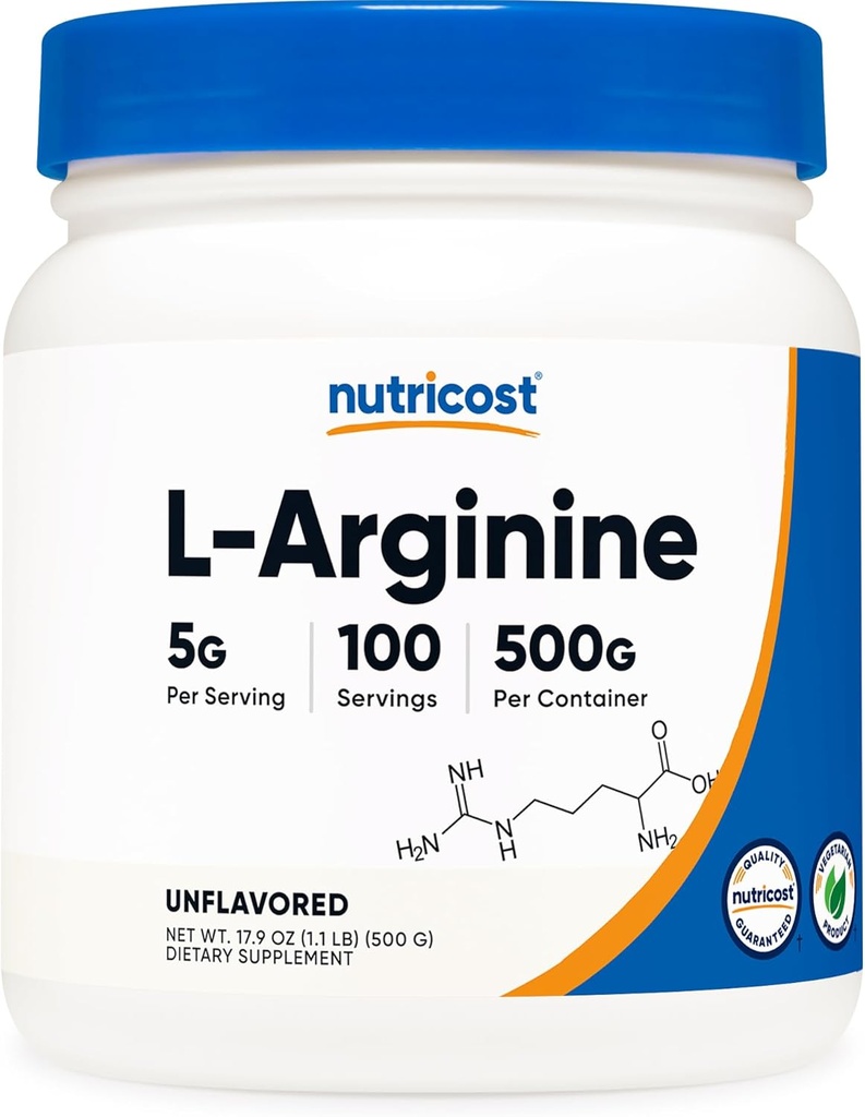 Nutricost L-Arginine Powder 500 Grams (1.1lbs) - Pure L-Arginine Powder - 5000mg Por Serving; 100 Servings