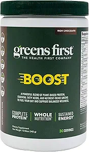 Greens First Boost - Proteína de base vegetal &amp; Nutrición equilibrada - Superfood Shake Mix - Sin trigo o soja - sin lácteos - Vegan - Dutch Chocolate, 12.28 oz.