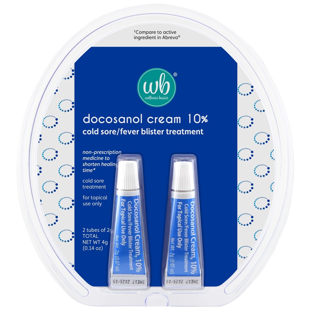 Wellness Basics Docosanol Cream 10% | Cold Sore Treatment | Shortens Healing Time | 0.07 oz - 2 Tubes