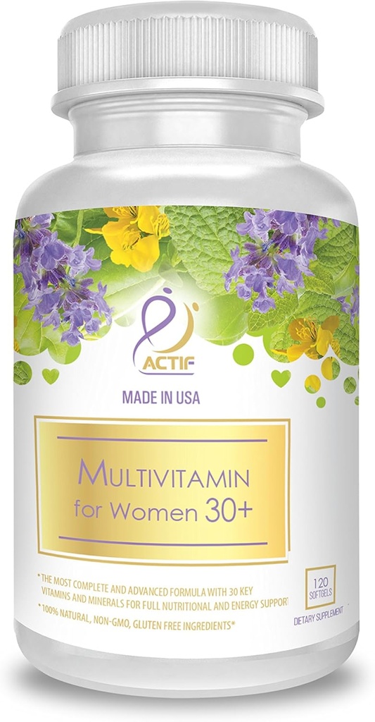 ACTIF Multivitamínico para Mujer Edad 30+ con 30 vitaminas orgánicas y hierbas orgánicas, no GMO, Made in USA, 2 meses de suministro