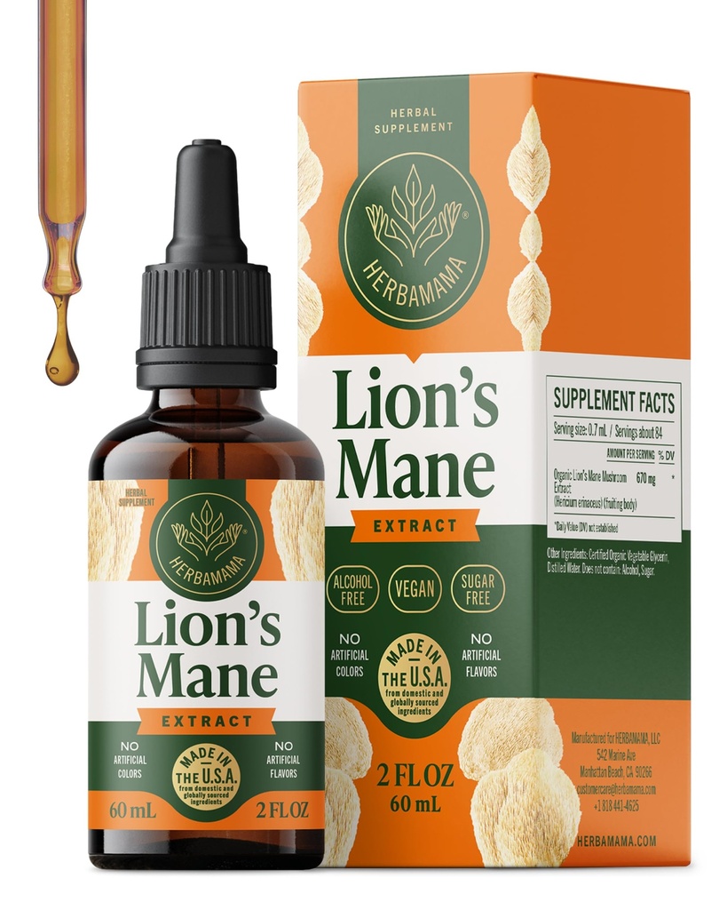 HERBAMAMA Lions Mane Supplement – Brain Supplements for Memory and Focus – Lions Mane Tincture – Brain Support for Adults – Vegan, Non-GMO, Alcohol & Sugar-Free, 42-Day Supply