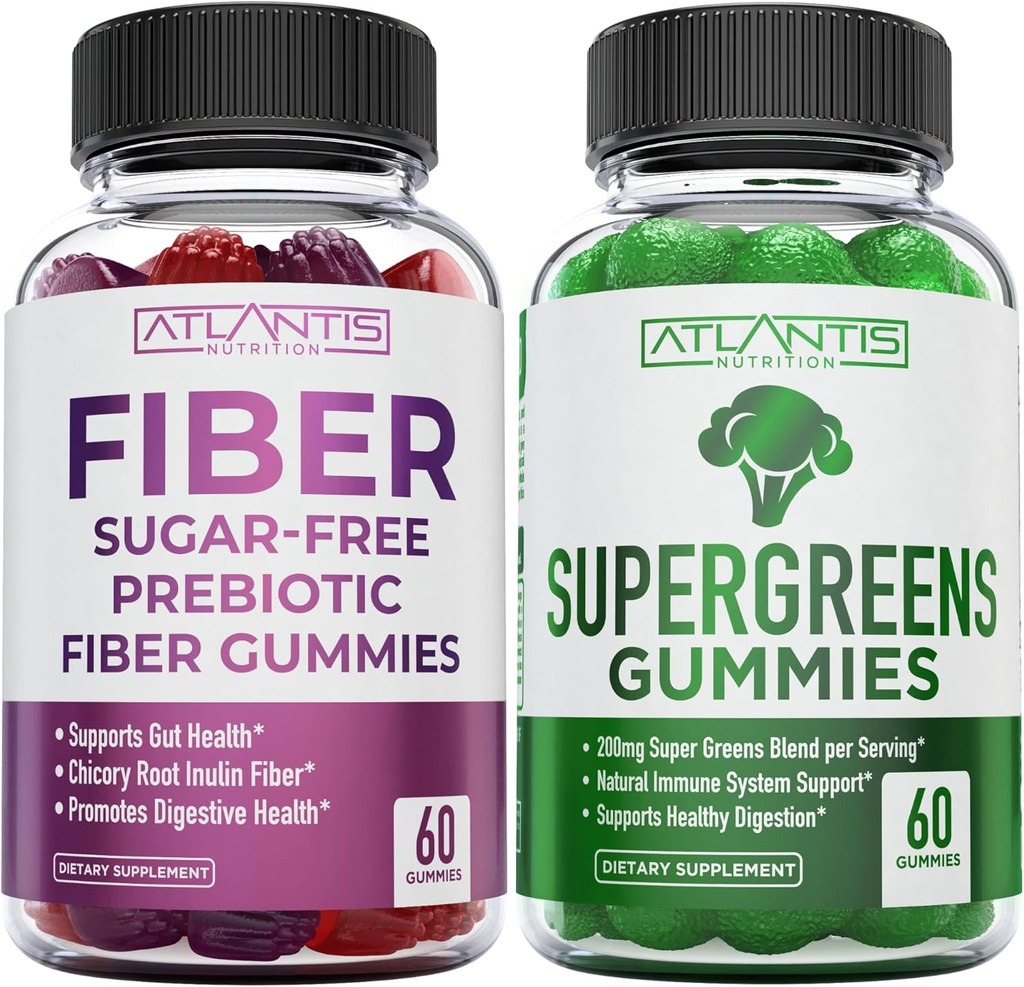 Atlantis Nutrición Azúcar Gummies de fibra prebiótica para adultos 2-Pack (120 Gummies) + Supergreens 60 Gummies