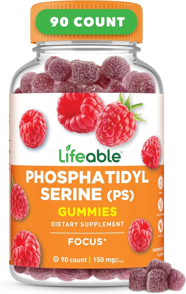 Lifeable Phosphatidylserine Gummies (PS) TEN 150mg TENIDO Gran Tasting Focus Suplemento TENIDO Memoria y Focus Suplementos para Adultos ANTE LAS Vitaminas Vegetarianas Focus para Hombres, Mujeres ANTE 90 Gummies