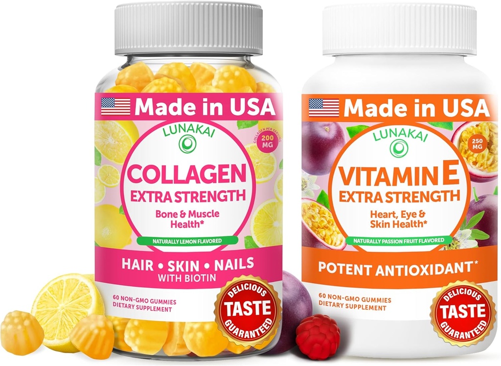 Lunakai Collagen y vitamina E Gummies Bundle - Suplementos antienvejecimiento no transgénico para mujeres - Gummy natural con vitamina C &amp; 250 mg Natural VIT E