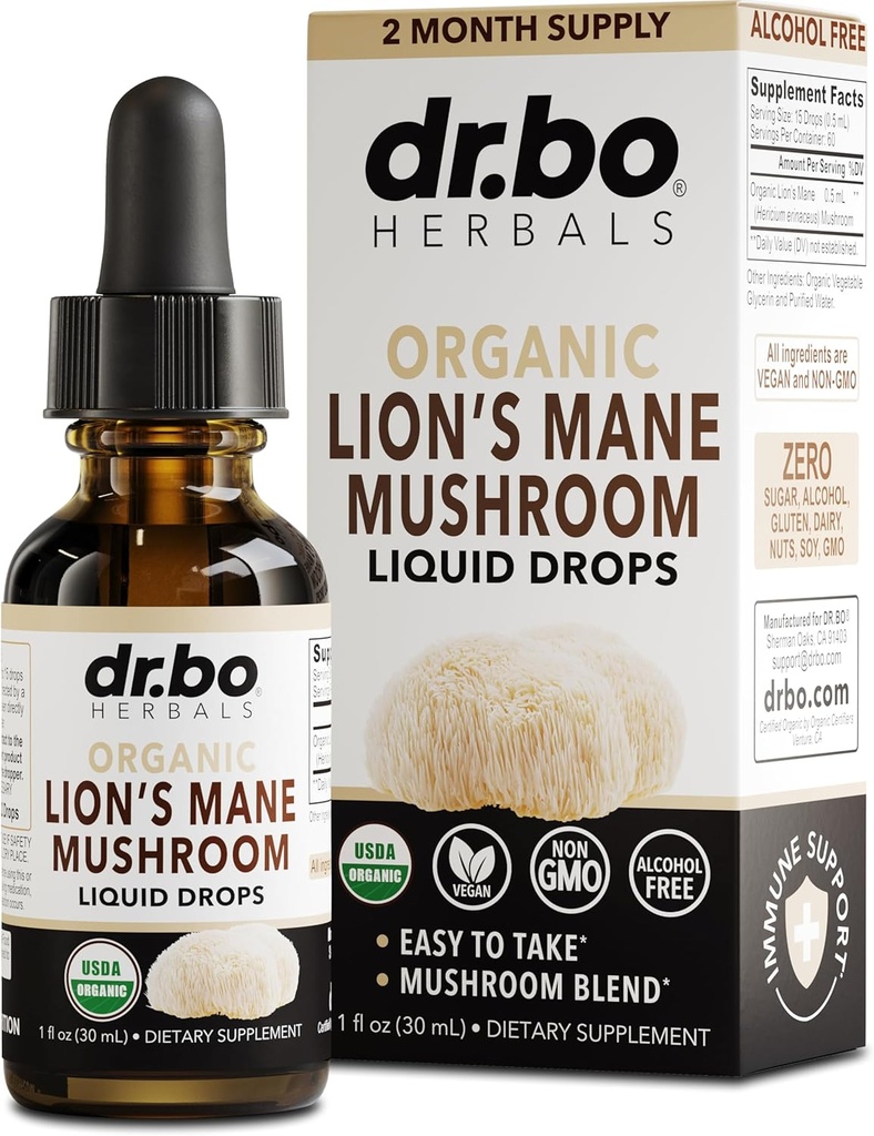 Lions Mane Mushroom Suplemento gotas - Organic Lion's Mane Mushroom Liquid Tintura para Focus, Fog Brain Health Suplementos - Vegan Herbal Nervine Nootropic Organic Lions Liquid Supplement Extract 1oz