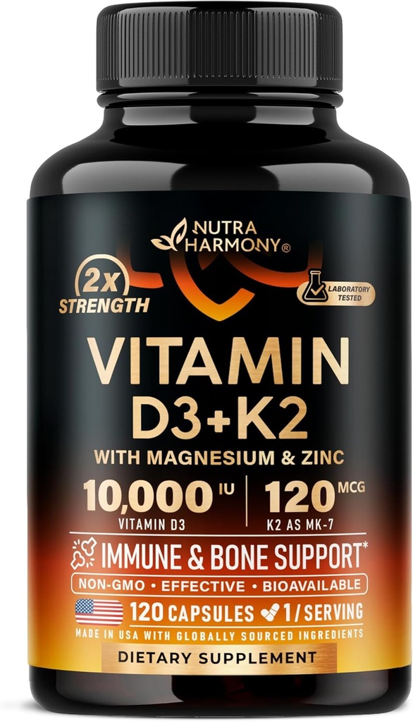 Vitamina D3 K2 - Vitamina D3 10000 iu & K2 como MK-7 120 mcg - Immune & Mood Support, para la salud de los huesos y los dientes - con magnesio, zinc &amp; vitamina C &amp; B12 - Altamente biodisponible - Hecho en EE.UU., 120 cápsulas