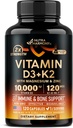 Vitamin D3 K2 - Vitamin D3 10000 iu & K2 as MK-7 120 mcg - Immune & Mood Support, for Bone & Teeth Health - with Magnesium, Zinc & Vitamin C & B12 - Highly Bioavailable - Made in USA, 120 Capsules