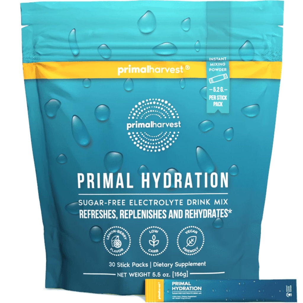 Primal Harvest Electrolytes Powder Packets Hydration Primal, Easy Open Packets, Energy Drink Mix (Lemon Berry, 30 Packs) (1 Bag)