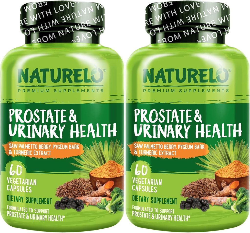 NATURELO Prostate " Urinary Health, Full Formula with Saw Palmetto, Pygeum, Tumeric, Plant Sterols, Broccoli and Lycopene, 60 Vegetarian Capsules (Pack of 2)