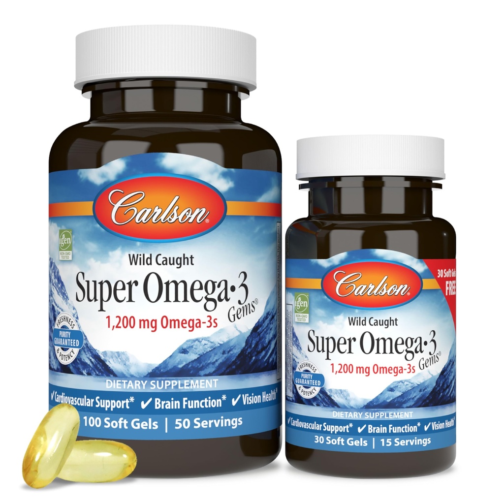Carlson - Super Omega-3 Gems, 1200 mg Omega-3 ácidos grasos con EPA y DHA, Suplemento noruego de caza silvestre, cápsulas de aceite de pescado de origen sostenible, Omega 3 Suplementos, 100+30 Softgels