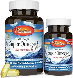 Carlson - Super Omega-3 Gems, 1200 mg Omega-3 Fatty Acids with EPA and DHA, Wild-Caught Norwegian Supplement, Sustainably Sourced Fish Oil Capsules, Omega 3 Supplements, 100+30 Softgels