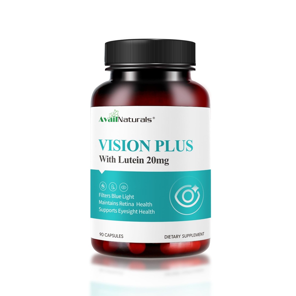 Vision Plus Eye Vitamins with Lutein 20mg, Bilberry & Blueberry Extract - Key Antioxidants for Eye Health Support - 90 Capsules, Non-GMO