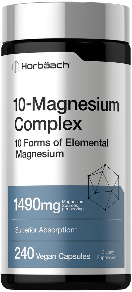 Horbäach Magnesium Complex | 1490 mg | 240 Capsules | 10 Forms of Elemental Magnesium | Vegan, Non-GMO, Gluten Free
