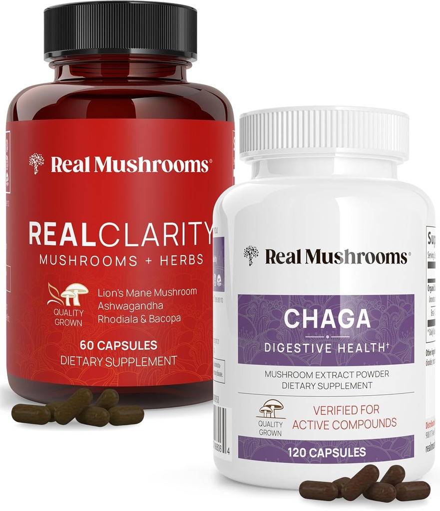 Real Mushrooms RealClarity (60ct) y Chaga (120ct) Capsules Bundle - Mushroom Supplement for Mental Clarity, Focus, Digestive Health & Immune Support - Vegan, Non-GMO, Verified Levels of Beta-Glucans