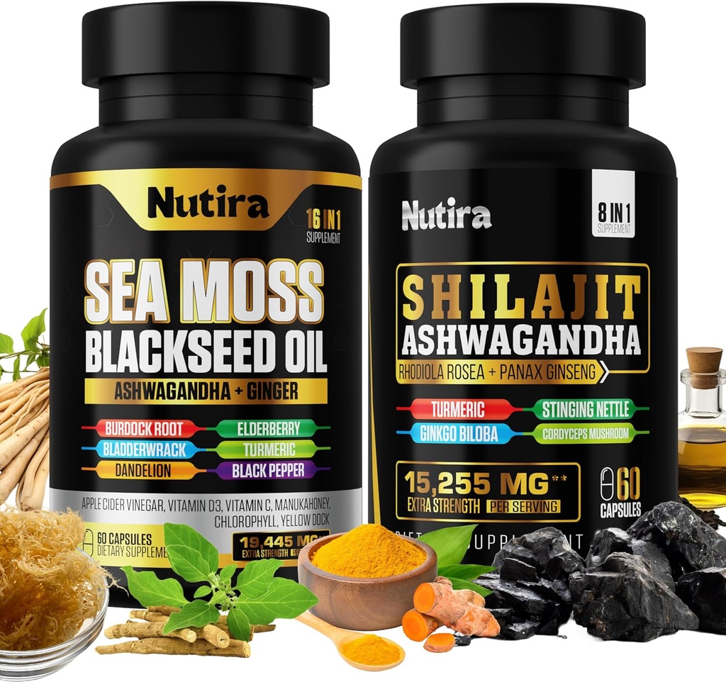 Moss " Shilajit Multivitamin Bundle - Sea Moss 7000mg, Shilajit 9000mg, Black Seed Oil 4000mg, Ashwagandha 2000mg, Ginger " Rhodiola Rosea 1000mg, All in 1 Supplements (60 Count) (1 Pack)