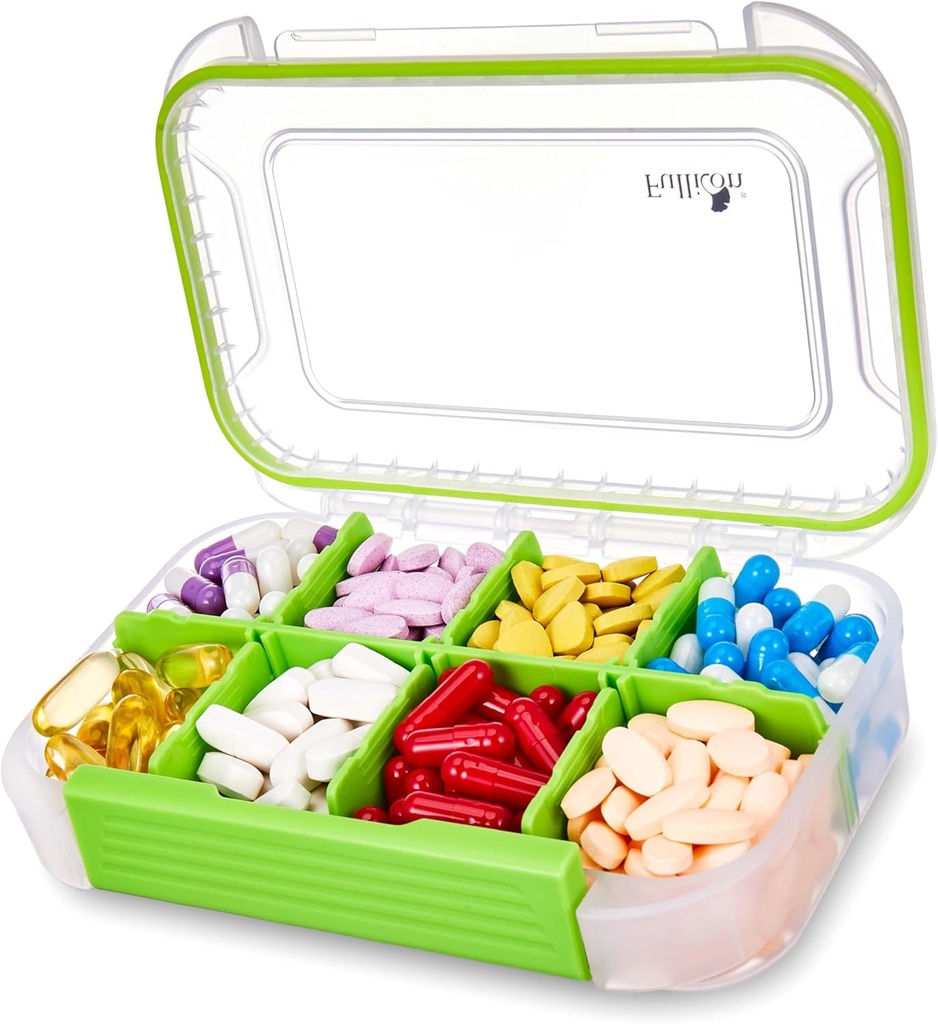 Organizador de gran pill Fullicon con 8 Compartimientos, caja de tracción de proa de humedad con dividente extraíble, contenedor diario con laberintos, caja de píldoras para la vitamina, aceite de pescado, suplemento (verde azul)
