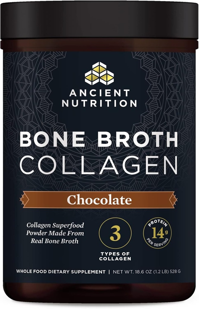 Antiguo colágeno de nutrición, colágeno de hueso, chocolate, péptidos multi colágeno hidrolizado, soporta la piel y las uñas, suplemento conjunto, 30 piezas, 18.6oz