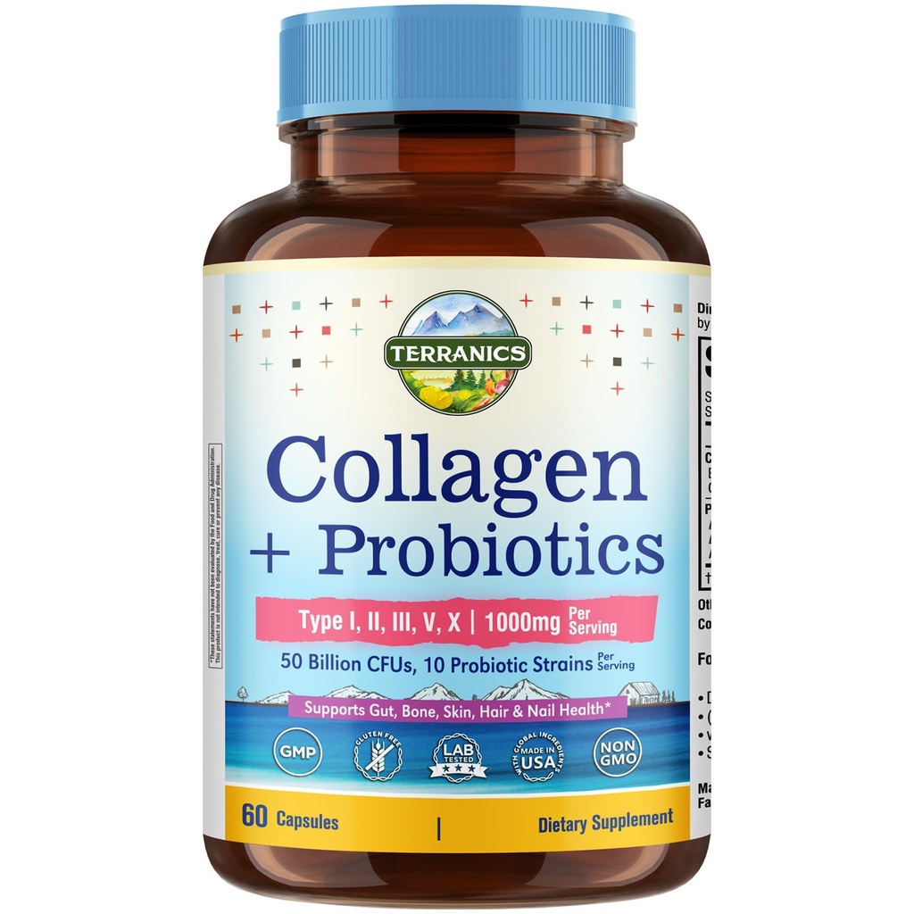 Terranics Multi Collagen Peptides Type I, II, III, V, X, 1000 mg Per Serving, with Probiotics 50 Billion CFUs, 10 Strains, Supports Skin, Bone & Gut Health, Non-GMO, 60 Capsules
