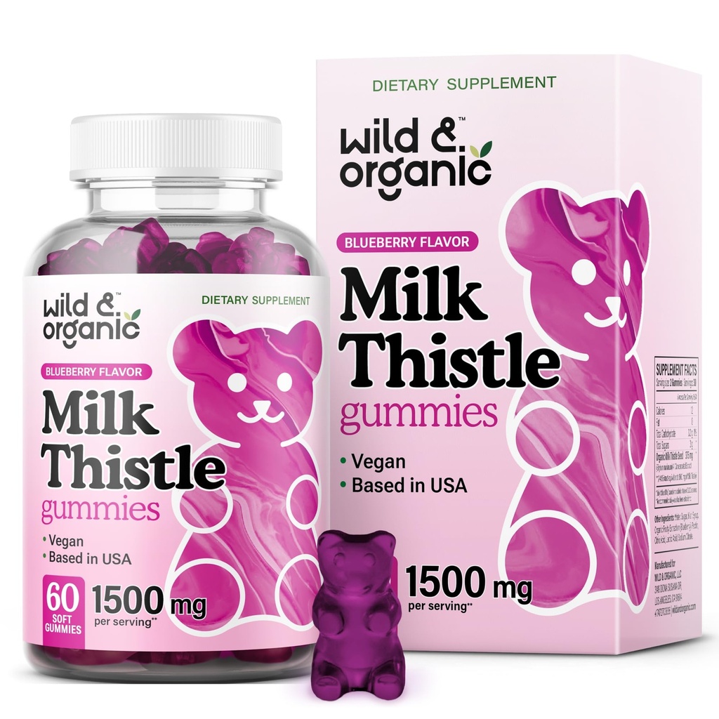 Wild &amp; Organic Milk Thistle Gummies 1500mg - Suplemento herbal para la limpieza del hígado Detox - Silymarin Milk Thistle Liver Detox Gummies - 60 Vegan, Non-GMO Chews