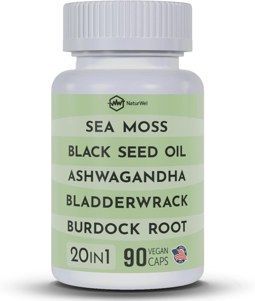 Black Seed Oil 3000mg Sea Moss 3000mg Ashwagandha 1000mg Turmeric 1000mg Burdock 1000mg Bladderwrack 1000mg &amp; Elderberry Manuka Chlorophyll Dandelion Yellow Dock - (90 Capsules Pack de 1)