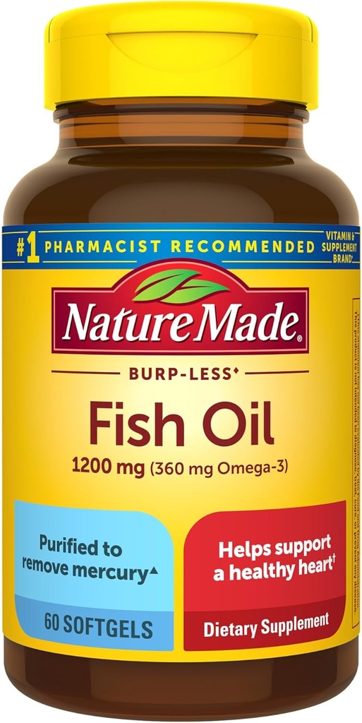 Nature Made Burp Less Fish Oil Omega 3 Suplementos, 1200 mg Softgels, EPA DHA Omega 3 Suplementos de aceite de pescado para el corazón saludable, 60 Softgels, 30 Day Supply
