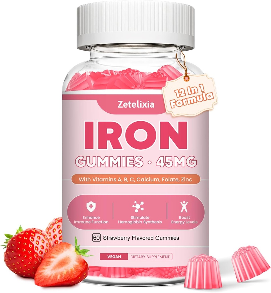 Suplemento de Hierro Vegano Gummies for Women ' Men, Anemia, Blood Builder & Energy Support for Iron Deficiency, con Vitamina C, A, B Complex, Folate, CoQ10, Sugar Free, Non-GMO, 60 Condes