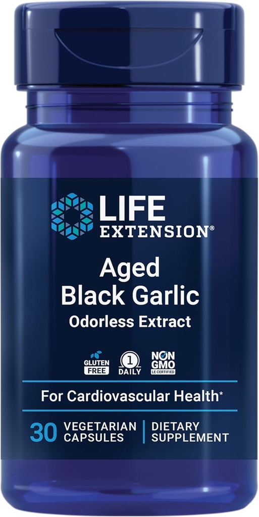 Extensión de la vida Ajo Negro envejecido, Suplemento de apoyo a la salud del corazón, Apoyo a la salud de la presión arterial, Apoyo a la salud del colesterol, de una vez por día, libre de gluten, vegetariano, no GMO, 30 cápsulas