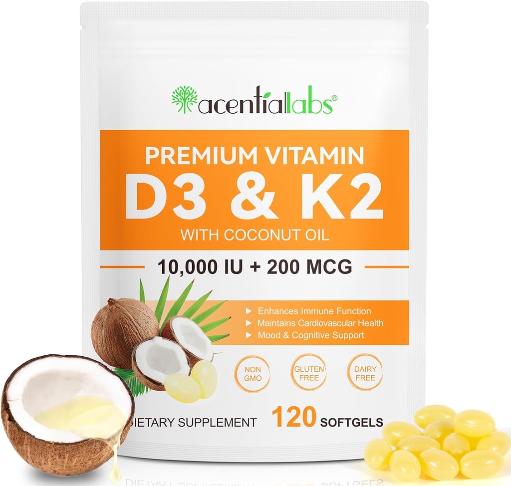 Vitamina D3 K2 Suplemento Softgels, 10000 UI VIT D3 + 200 MCG K2 (MK-7) Silencio 2-en-1 Replenish Fórmula con aceite de coco, Soportes en absorción de calcio, Fácil de absorber 120 cápsulas.