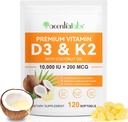 Vitamin D3 K2 Supplement Softgels, 10000 IU VIT D3 + 200 MCG K2 (MK-7) | 2-in-1 Replenish Formula with Coconut Oil, Supports in Calcium Absorption, Easy to Swallow 120 Capsules.
