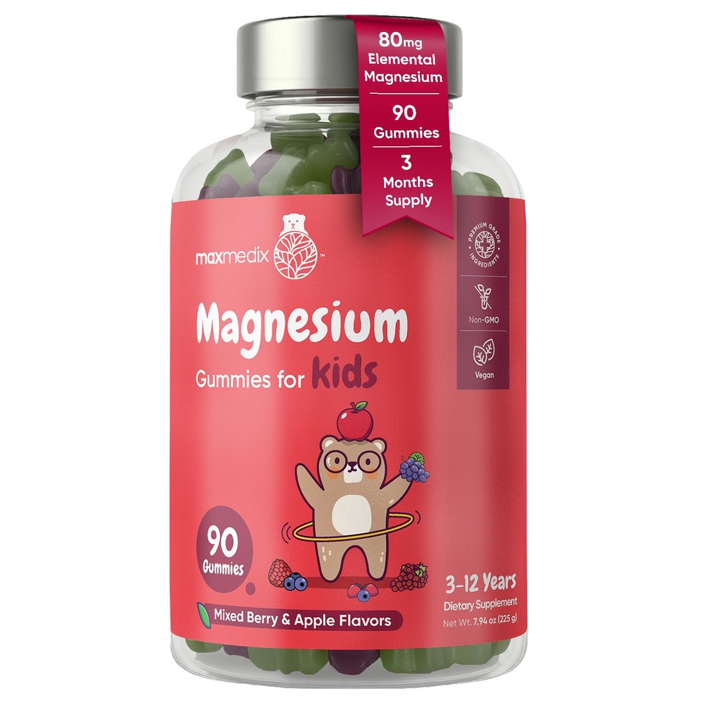 maxmedix Kids Magnesium Citrate Gummies 727mg | 80mg of Elemental Magnesium Gummies for Kids | Low Sugar (3-Month Supply) | Natural Berry & Apple Flavored | 1 Gummy per Day | Vegan