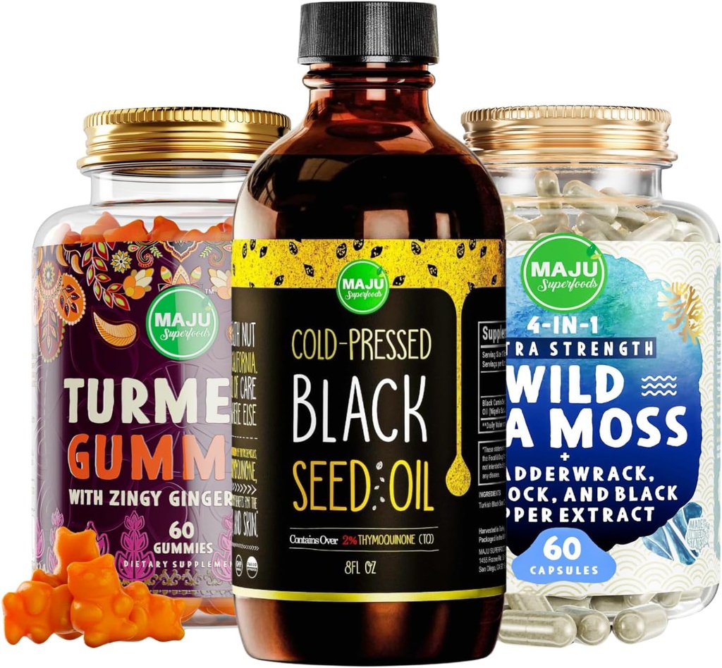 Maju Superfoods Black Seed Oil, 4-en-1 Sea Moss Capsules y Turmeric Curcumin Ginger Gummies Bundle