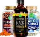 Maju Superfoods Black Seed Oil, 4-en-1 Sea Moss Capsules y Turmeric Curcumin Ginger Gummies Bundle