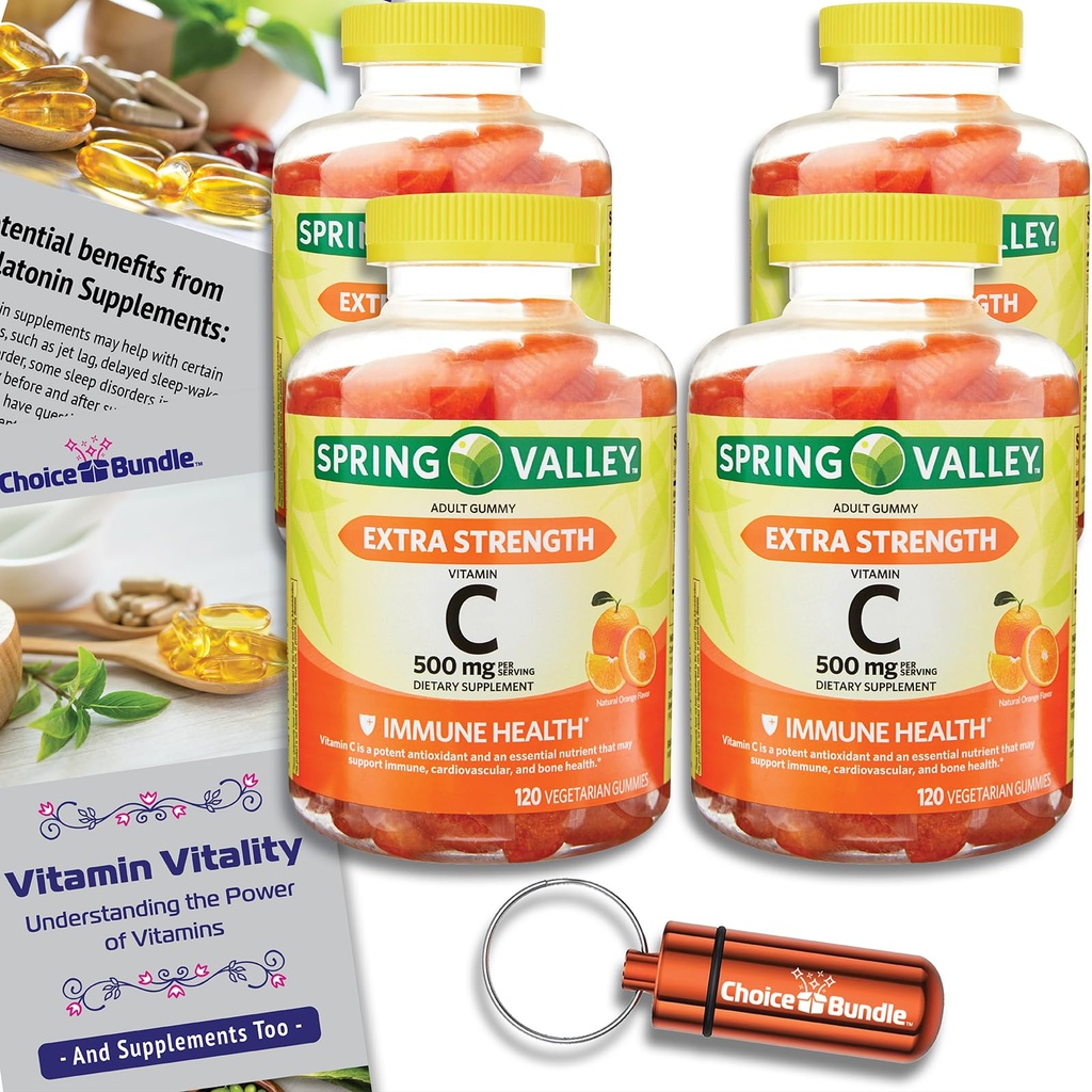 Spring Valley Extra Strength Vitamin C Orange Vegetarian Gummies 500 mg 120 Ct 4 Pk (480 Total) + Vitamin Vitality & Pill Container (6 Items)!