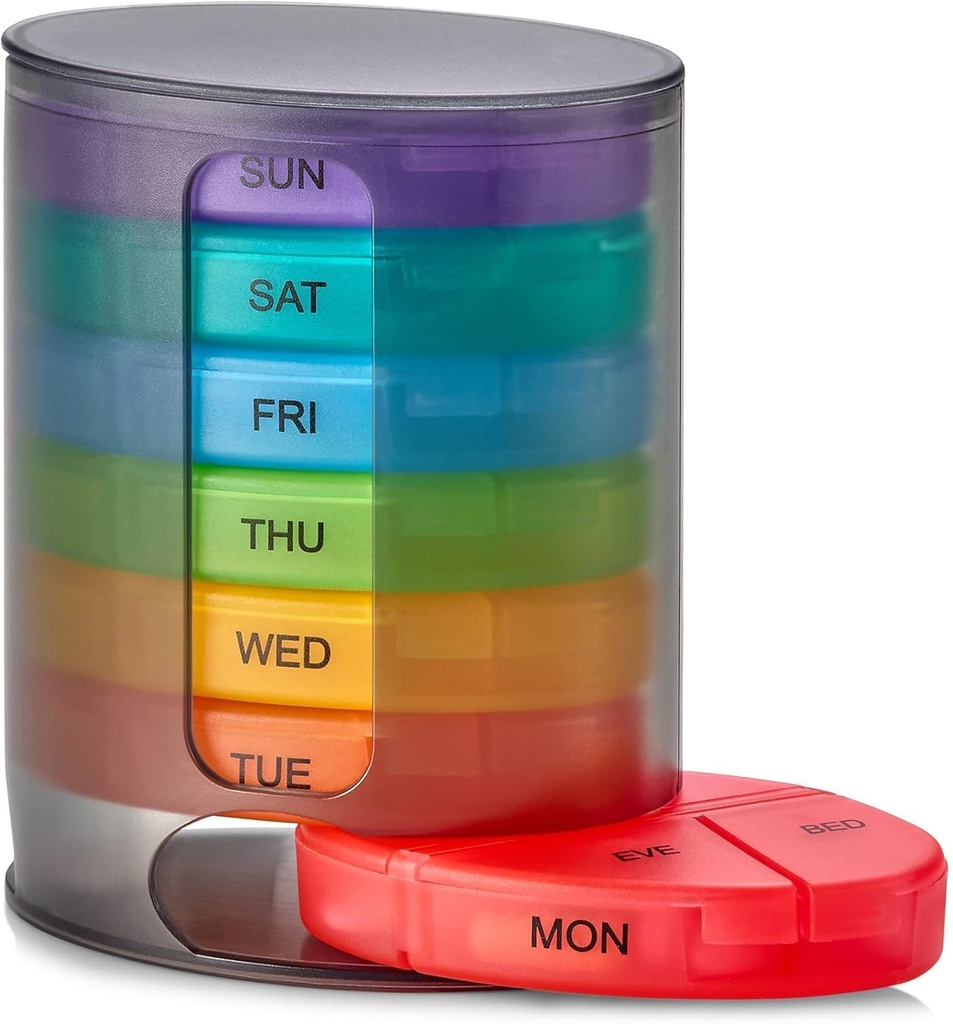 Organizador semanal de píldoras MEDca, 1 dispensador, 7 compartimentos de color múltiple estable Cuatro veces al día - mañana, mediodía, tarde y noche, negro